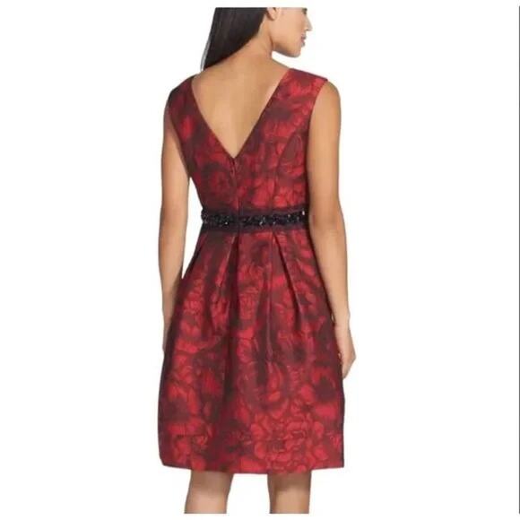 Eliza J Black Embellished Waist Red Floral Brocade Fit & Flare Cocktail Dress - Picture 2 of 12